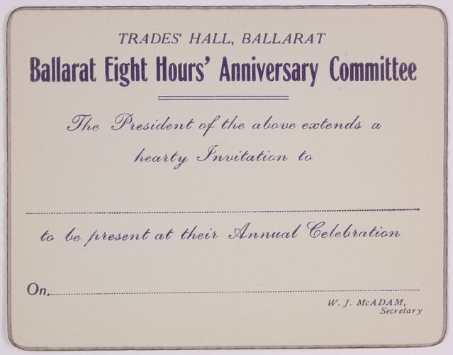 Invitation - Ballarat Eight Hour Day Anniversary Committee, circa 1940