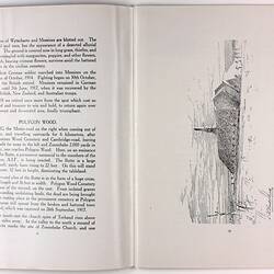 Open book page with printed text on right page and illustration of large monument on left page.