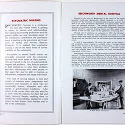 Open booklet with white pages. Features image lower right corner of four men making toys. Black and red print.