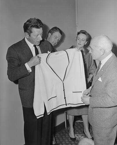 Australian Wool Board, Man Holding Knitted Cardigan, Melbourne, Victoria, 11 Aug 1959