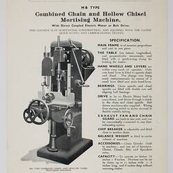 Illustrated with mortising machine and descriptive printed text.