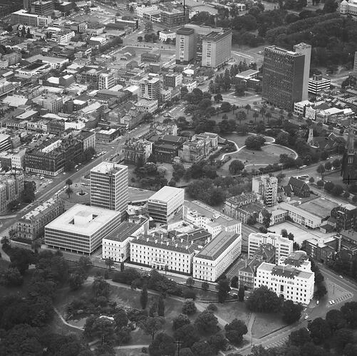 Monochrome aerial photograph of Melbourne.