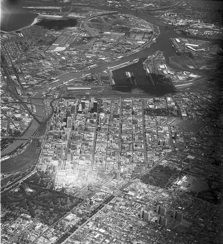 Monochrome aerial photograph of Melbourne.