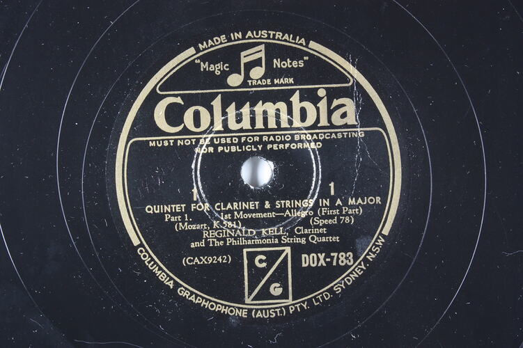 Disc Recording - Columbia Graphophone Pty. Ltd., Double-Sided, 'Quintet For Clarinet & Strings In A Major', Parts 1 & 2, 1930s