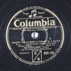 Disc Recording - Columbia Graphophone Pty. Ltd., Double-Sided, 'Quintet For Clarinet & Strings In A Major', Parts 1 & 2, 1930s