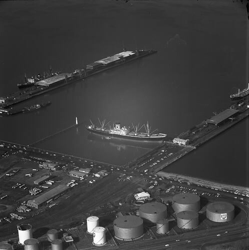 Monochrome aerial photograph of Port Melbourne.