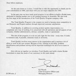 Letter - Kodak Australasia Pty Ltd, Ed Woods to Kodak Employees, Total Quality Program, 14 Dec, 1984