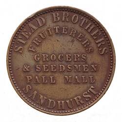 Token - 1 Penny, Stead Bros, Grocers & Seedsmen, Bendigo, Victoria, Australia, 1862