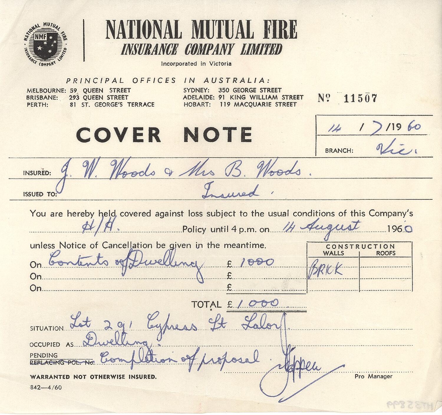 Cover Note - National Mutual Fire Insurance Company, John Woods, Lalor