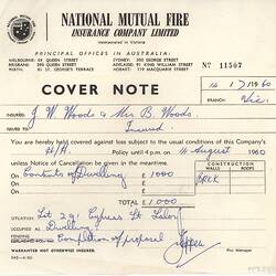 Cover Note - National Mutual Fire Insurance Company, John Woods, Lalor, 14 Jul 1960