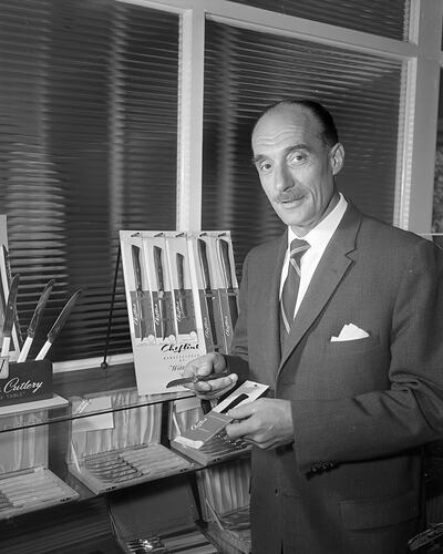 Wiltshire File Co, Man Displaying Knives, Tottenham, Victoria, 22 Jan 1960