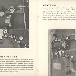 Opened brochure with close-up photographs of projector.