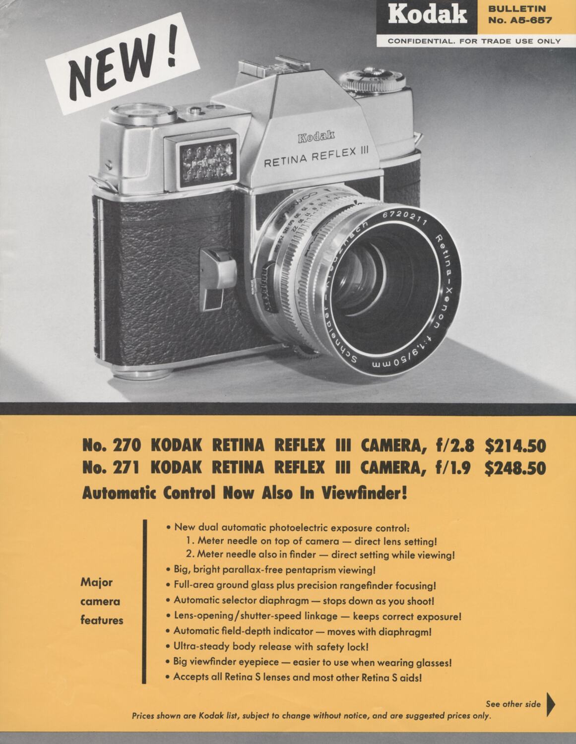 Publicity Flyer - Eastman Kodak, No.270 & No. 271 Kodak Retina Reflex ...