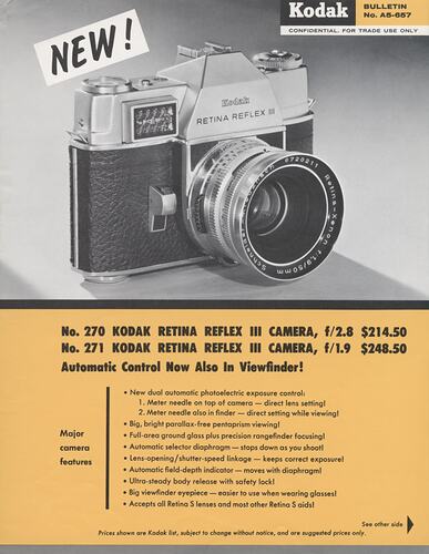 Flyer with printed text and photograph of camera.