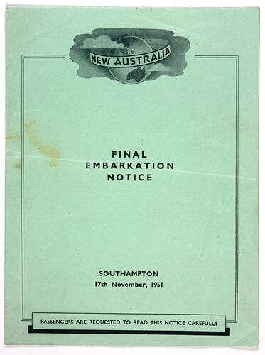 Final Embarkation Notice - New Australia, Shaw Savill Line, Southampton, 17 Nov 1951