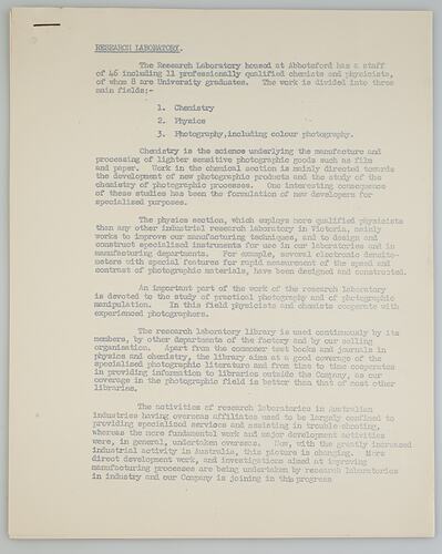 Research Notes - 'Research Laboratory'. Kodak (Australasia) Pty Ltd, History of Kodak (Australasia) Pty Ltd, Coburg, circa 1960s. Page 1/4