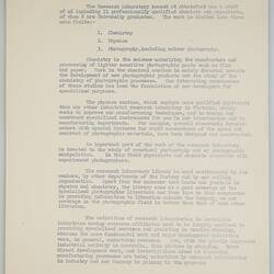 Research Notes - 'Research Laboratory'. Kodak (Australasia) Pty Ltd, History of Kodak (Australasia) Pty Ltd, Coburg, circa 1960s. Page 1/4