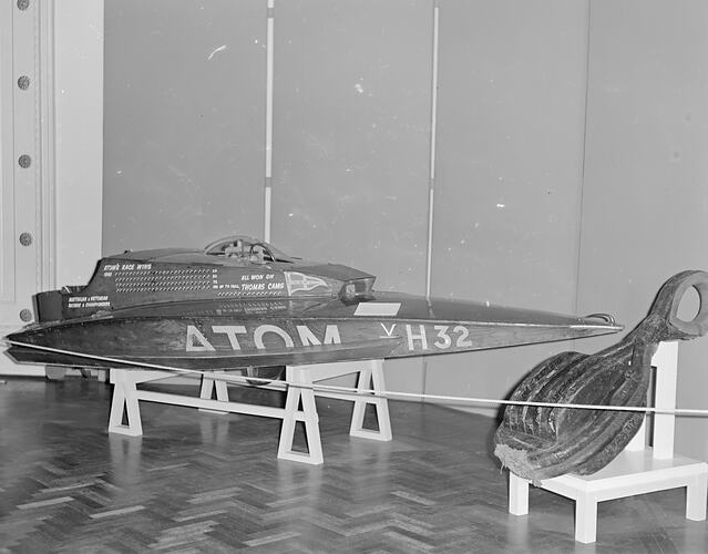 The 'Atom' speedboat in McArthur Hall, Science Museum, Melbourne, 1971
