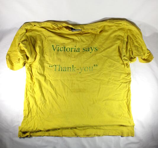 Photograph of T-Shirt - 'Victoria Says Thank You', Peter Auty, Flowerdale, 2009