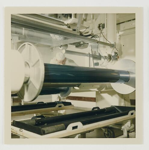 Slide 151, X-Ray Film on Unwind End of Coating Machine, Kodak Factory, Coburg, 'Extra Prints of Coburg Lecture' album, circa 1960s