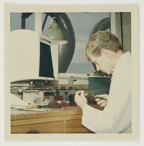 Slide 222, 'Extra Prints of Coburg Lecture', Worker Cutting Electrical Wires, Kodak Factory, Coburg, circa 1960s