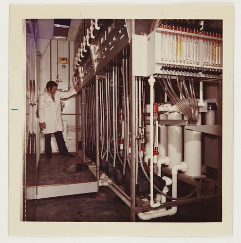 Slide 508, 'Extra Prints of Coburg Lecture', Worker Monitoring Film Processing Equipment, Kodak Factory, Coburg, circa 1960s