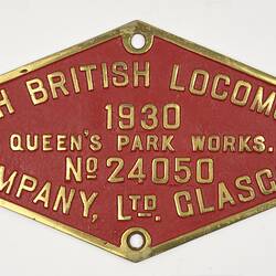 Locomotive Builders Plate - North British Locomotive Co., Glasgow, Scotland, 1930