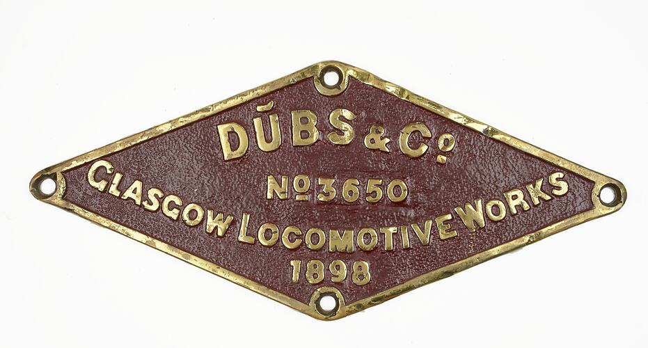 Locomotive Builders Plate - Dubs & Co., Glasgow, Scotland, 1898