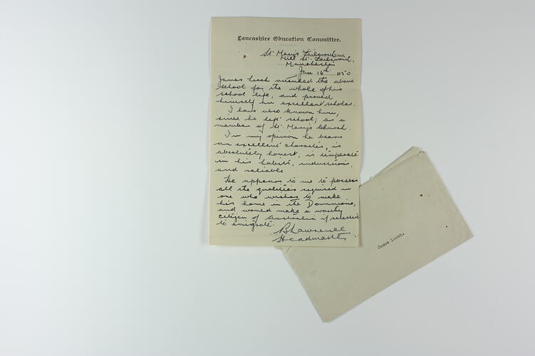 Letter of Reference - Lancashire Education Committee for James Leech, England, 16 Jan 1950