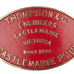 Locomotive Builders Plate - Thompson & Co. (Castlemaine) Pty Ltd, Castlemaine, Victoria, 1925