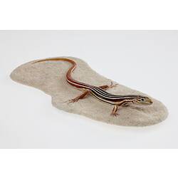 Cast model of brown lizard with bold white stripes.