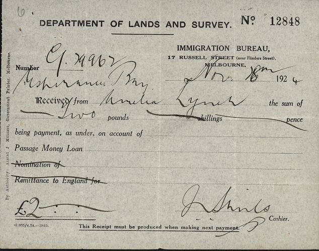 Receipt - Loan Repayment, Department of Lands and Survey, Immigration Bureau, Melbourne 18 Nov 1924