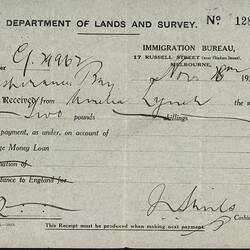 Receipt - Loan Repayment, Amelia Lynch, Department of Lands and Survey, Immigration Bureau, Melbourne 18 Nov 1924