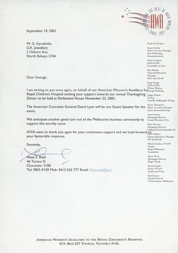 Letter - American Women's Auxilliary, Royal Childrens Hospital, to George Kyriakides, Melbourne, 19 Sep 2001