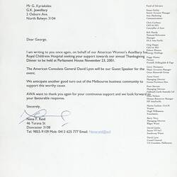 Letter - American Women's Auxilliary, Royal Childrens Hospital, to George Kyriakides, Melbourne, 19 Sep 2001