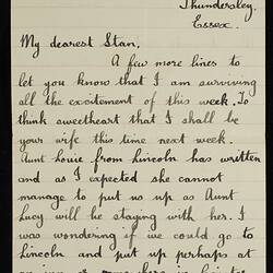 Letter - Page 1 - 2, Lucy Simmons, Thundersey, Essex To Stanley Hathaway, Coventry, Jul 1938
