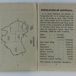 Open booklet, two white pages with black printing. Page 6 with Australia map and Page 7.