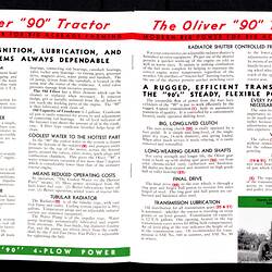 Open booklet, tractor image with red, black and green printing.