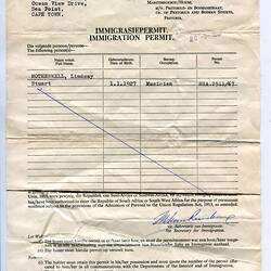 Permit - Immigration Permit, Lindsay Motherwell, South Africa, 20 Sep 1967