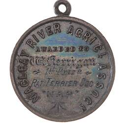 Round silver medal with suspension loop. Raised and engraved text.