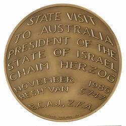 Medal - Visit of Chaim Herzog to Australia, 1986 AD