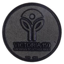 Round medal with logo of two single leaf stems supporting central inverted triangle. Text below.