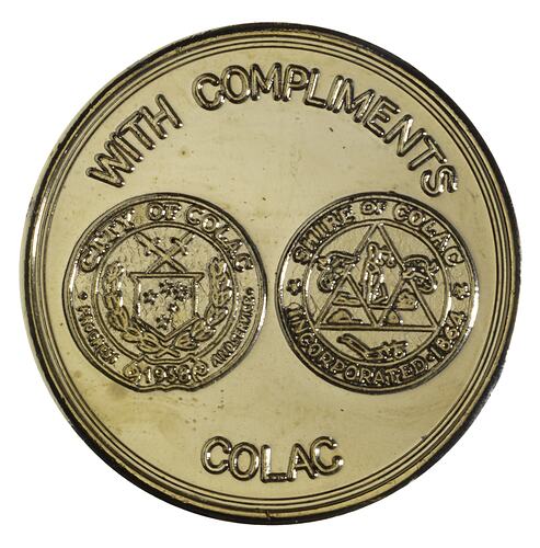 Medal - Sesquicentenary of Victoria, City and Shire of Colac, 1985 AD