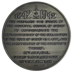 Medal - Sydney Centenary of Incorporation, 1942 AD