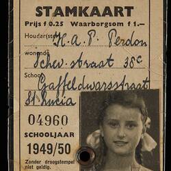 School Transport Ticket - Hendrika Perdon, The Netherlands, 1949-50