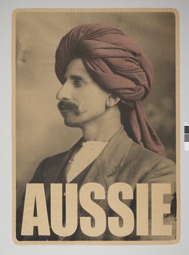 Image of man wearing turban. Large text at base.