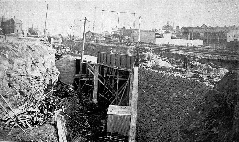 Construction works on the Williamstown railway line, Footscray, 1928.