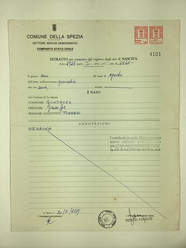 HT 56162, Birth Certificate - Giuseppe Gonzales, Communa Della Spezia, Italy,1 August 1915 (MIGRATION), Document, Registered
