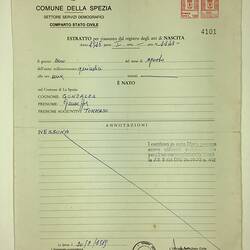 Birth Certificate - Giuseppe Gonzales, Communa Della Spezia, Italy,1 August 1915
