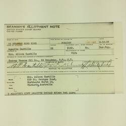 Seaman's Allotment Note - Agapito Castillo, Socony Vacuum Oil Company, New York, USA, 13 Jun 1953